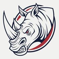 an angry rhino head in a circle with red and white stripes vector