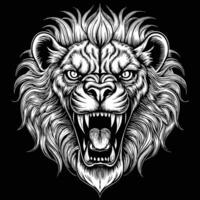 lion head with open mouth on black background vector