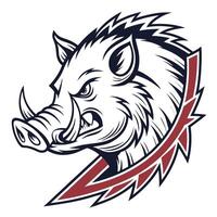 the head of a wild boar is shown in a red and blue color scheme vector