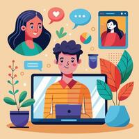 a man and woman are sitting at a computer with chat bubbles and other icons vector