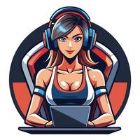 a woman in headphones sitting at a computer vector