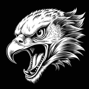 an eagle head with its mouth open in a black and white drawing vector