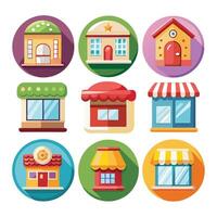 flat icons of different types of buildings and stores vector