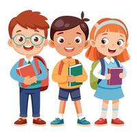 three children with books and backpacks vector