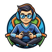 a man in glasses sitting on a chair with a controller vector