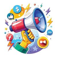 a hand holding a megaphone with social icons around it vector
