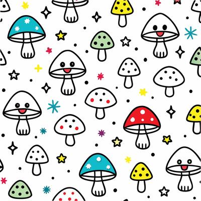 a pattern with mushrooms and stars on it