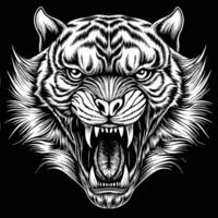 a tiger head with its mouth open in a black and white design vector