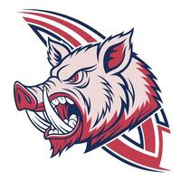 an angry boar head with a red and blue striped background vector