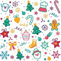 christmas seamless pattern with snowman, tree, and other items vector