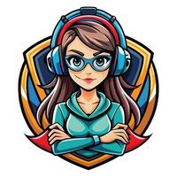a girl gamer avatar with headphones and glasses vector
