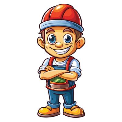 cartoon construction worker with a tool bag
