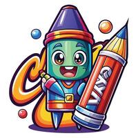 crayon character holding a pencil and a crayon vector