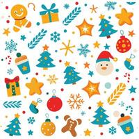 christmas seamless pattern with snowflakes, santa claus, and other items vector