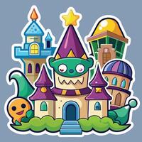 cartoon illustration of a castle with monsters and other objects vector
