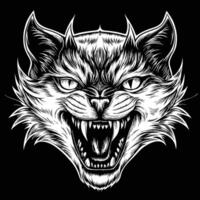 the head of a ferocious cat on a black background vector
