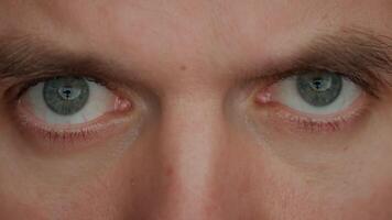 Intense gaze with gray eyes. Male face with focused expression. video