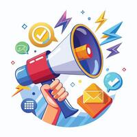 a hand holding a megaphone with icons around it vector