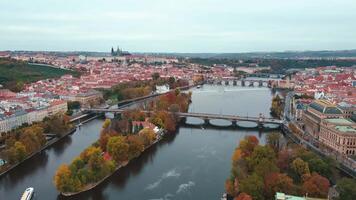 Antenne Aussicht von Stadtbild von Prag mit bunt Herbst Bäume auf Insel auf Moldau Fluss. die Architektur von Prag, Tschechisch Republik video