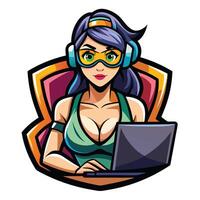 a cartoon woman with headphones and a laptop vector