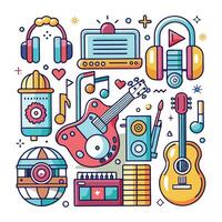 music and audio equipment icons in a flat line style vector