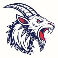 the head of a goat with a red mouth and a large horn vector