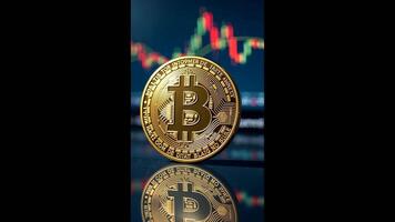 Close-up of golden bitcoin coin with its reflection, set against blurred cryptocurrency trading chart featuring red and green candlesticks, symbolizing blockchain technology and digital finances video