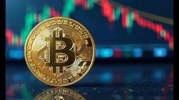 Golden bitcoin coin standing against a blurred cryptocurrency trading chart with red and green candlesticks, representing digital currency, blockchain technology, and financial market dynamics video