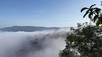 The mist flows through the mountain forest, Sun shining into tropical forest, Mist drifts through mountain ridges in the morning, slow floating fog blowing cover on the top of mountain video