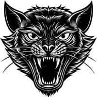 a black and white illustration of a cat head with fangs vector