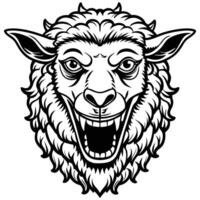 a black and white illustration of a sheep head with its mouth open vector