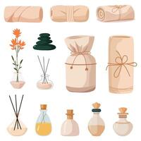 Set of Hand-Drawn Spa Elements Towels and Perfumes vector