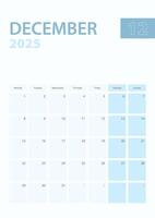 Vertical calendar page of December 2025, Week starts from Monday. vector