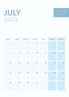 Vertical calendar page of July 2025, Week starts from Monday. vector
