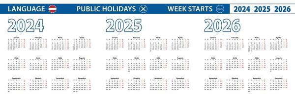 Simple calendar template in Latvian for 2024, 2025, 2026 years. Week starts from Monday. vector