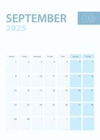 Vertical calendar page of September 2025, Week starts from Monday. vector