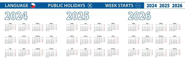 Simple calendar template in Czech for 2024, 2025, 2026 years. Week starts from Monday. vector