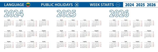 Simple calendar template in Lithuanian for 2024, 2025, 2026 years. Week starts from Monday. vector