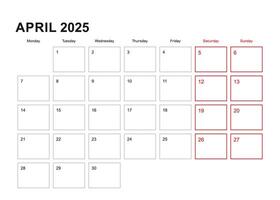 Wall planner for April 2025 in English language, week starts in Monday. vector