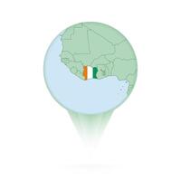 Ivory Coast map, stylish location icon with Ivory Coast map and flag. vector