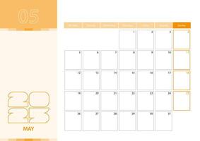 Horizontal planner for May 2025 in the orange color scheme. The week begins on Monday. A wall calendar in a minimalist style. vector