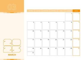 Horizontal planner for March 2025 in the orange color scheme. The week begins on Monday. A wall calendar in a minimalist style. vector