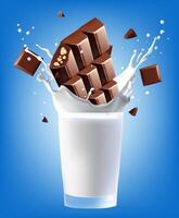 Splash in the transparent glass with pieces chocolate. Milk Splashing chocolate Mesh gradient wes used vector