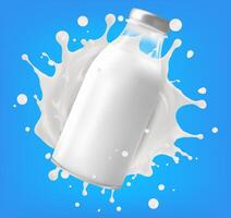 Realistic milk bottle with cream splash, white wave with drops around glass flask with dairy product. 3d fluid with splatters, liquid milky flow stream, calcium food vector