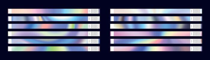 Retro paper wristbands and bracelets set with hologram labels featuring Y2K-inspired party and festival ticket designs isolated on white background vector