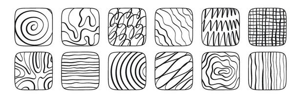 Abstract line set with brush textures and grunge spirals featuring hand-drawn geometric patterns and graphic curves for doodle-inspired designs isolated on white background vector