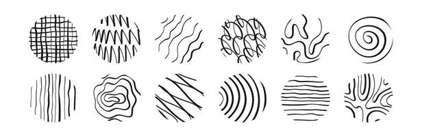 Abstract hand-drawn line collection with brush strokes, spirals, and geometric symbols featuring modern sketchy doodles with texture isolated on white background vector