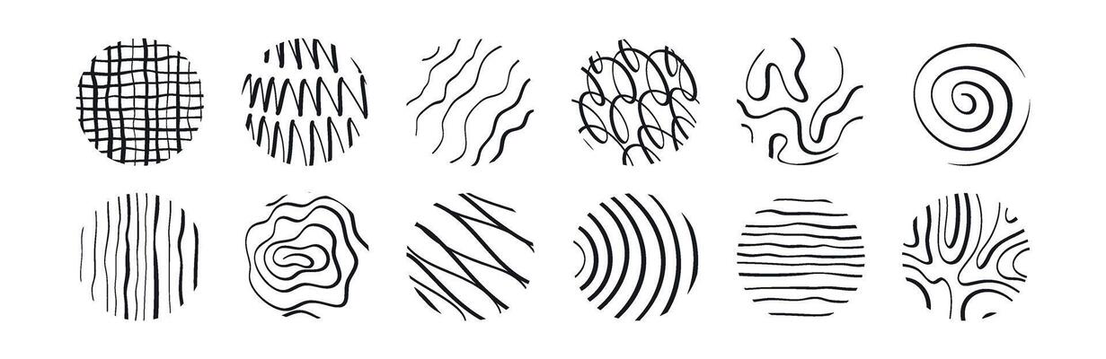 Abstract hand-drawn line collection with brush strokes, spirals, and geometric symbols featuring modern sketchy doodles with texture isolated on white background