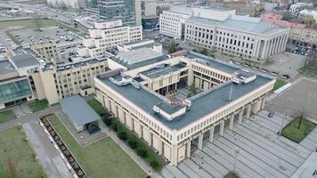 aerial zoom out view building of Parliament of the Republic of Lithuania.The Seimas constitutes the legislative branch of government in Lithuania video