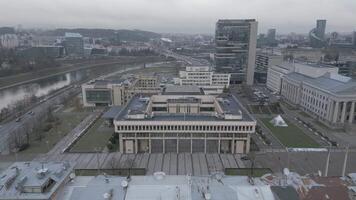 aerial zoom out view building of Parliament of the Republic of Lithuania.The Seimas constitutes the legislative branch of government in Lithuania video